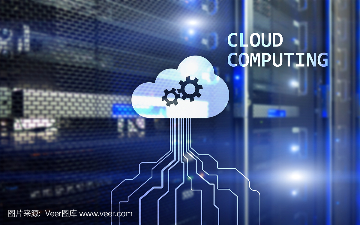 云计算和网络的概念在服务器室的背景。